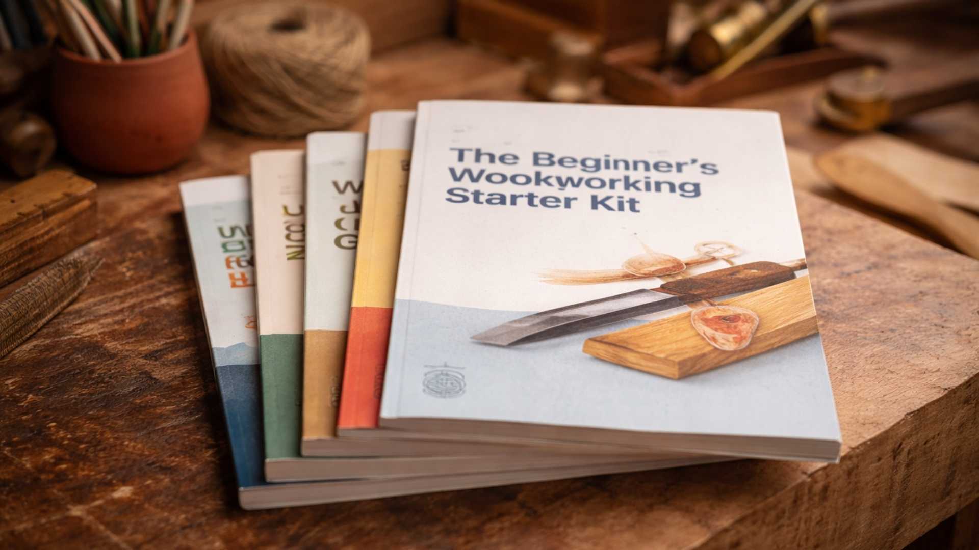 Beginner woodworking guides from The Makers Society, displayed in a workshop setting