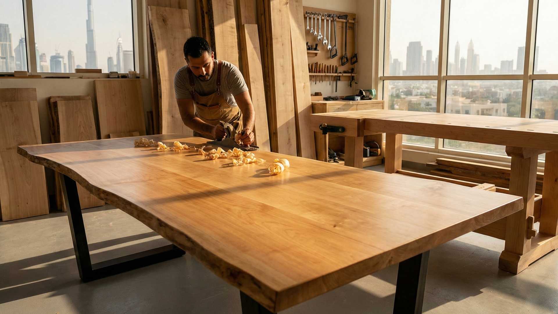 Craftsman planing a live-edge wooden dining table in an urban workshop with city skyline view
