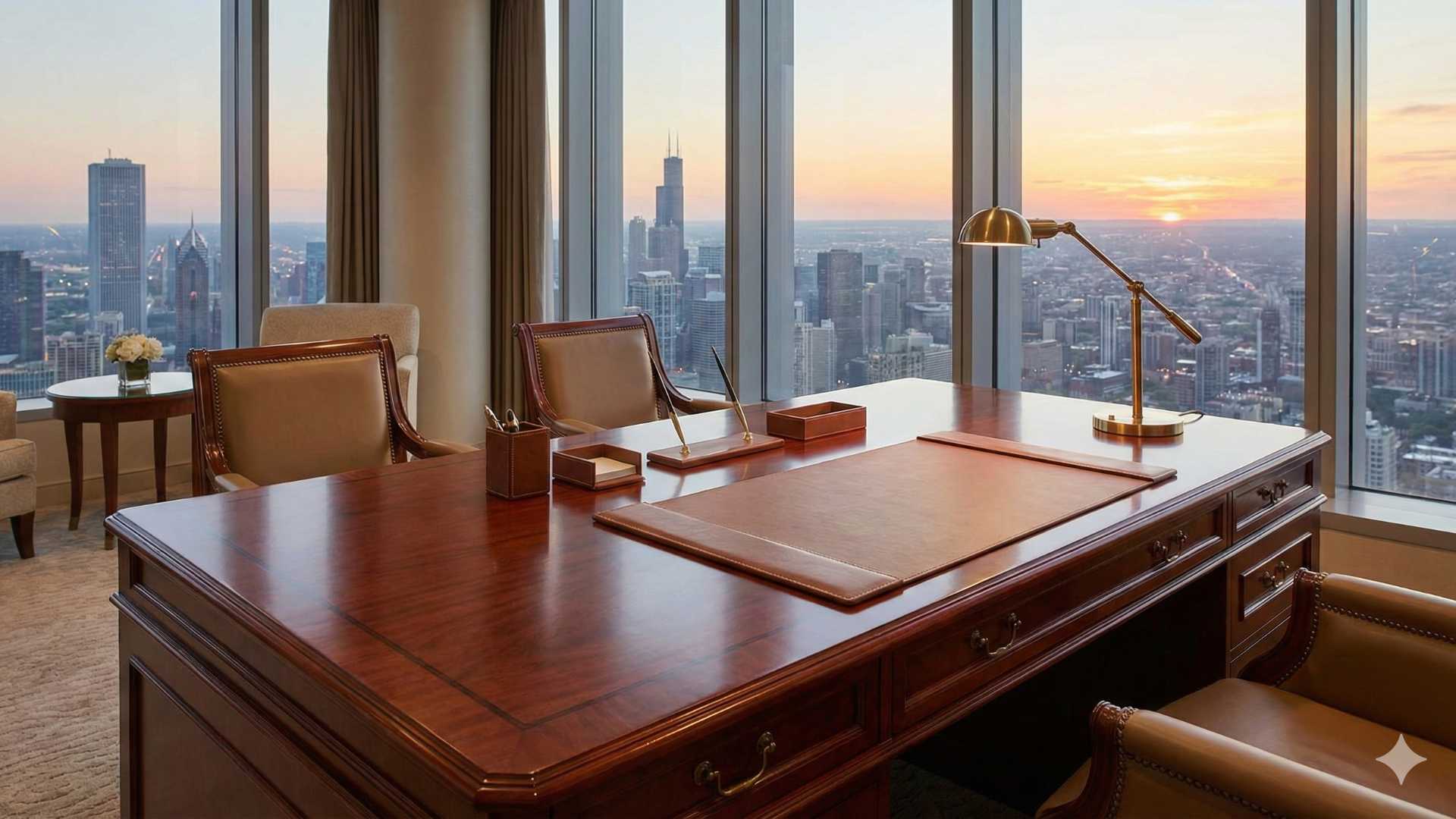 Executive mahogany desk with leather inlay, brass desk lamp, and city skyline view at sunset