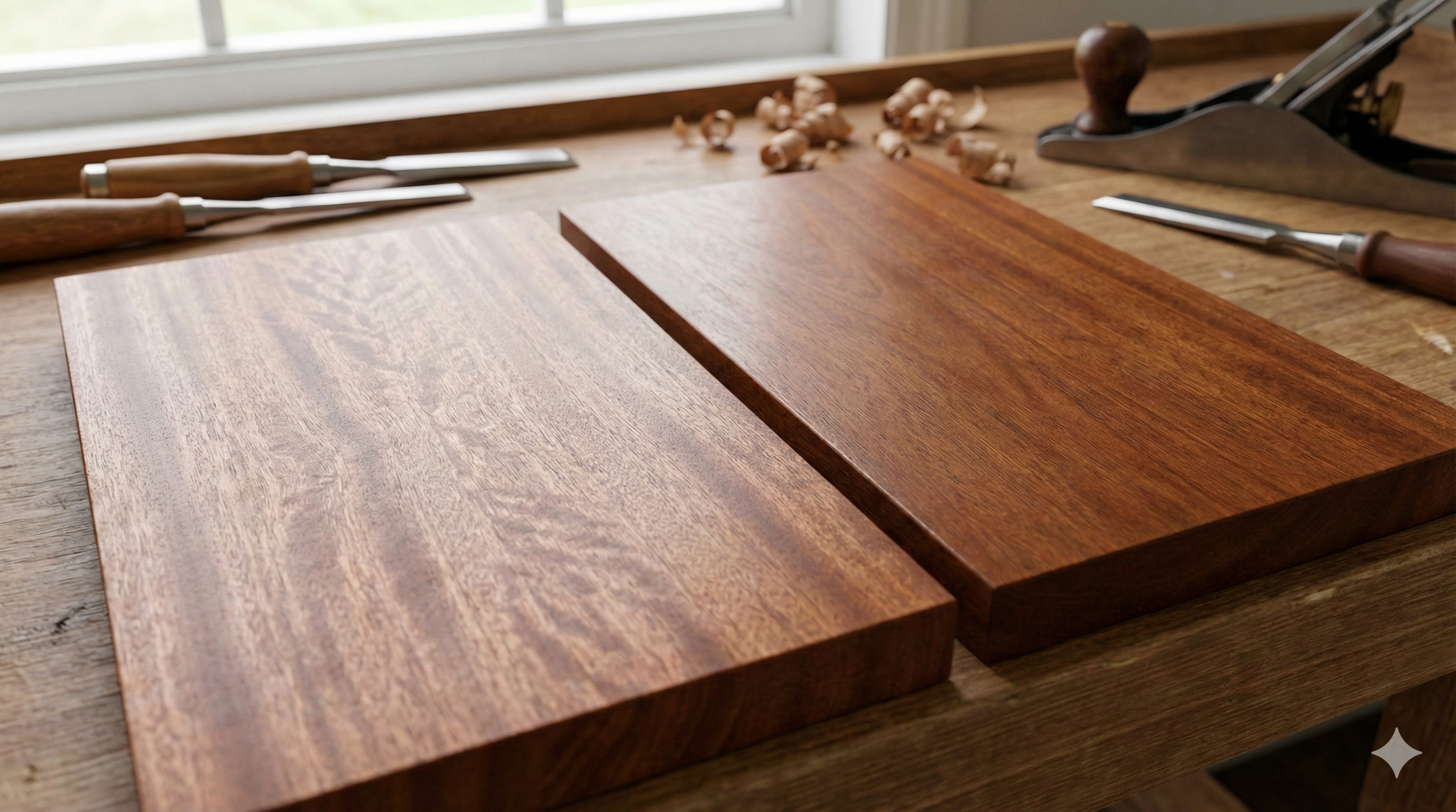 Sapele on the left with a ribbon grain and Mahogany on the right with a more uniform grain, placed on a workbench with woodworking tools.