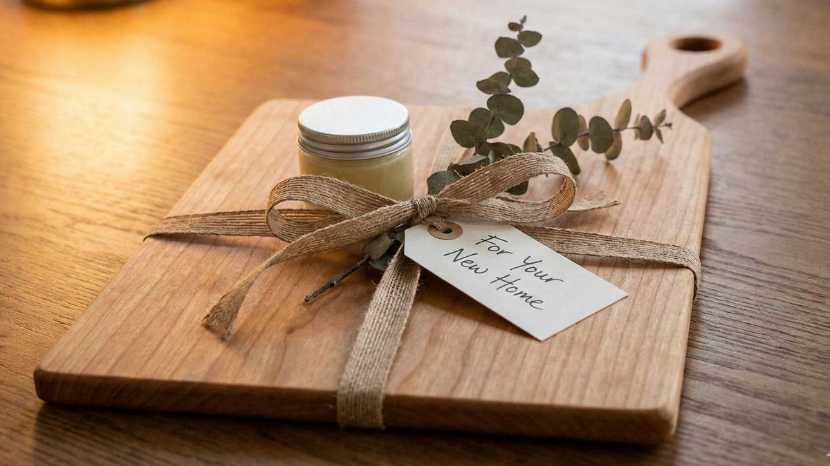 Gift-wrapped handmade wooden cutting board set prepared as a corporate gift order in Dubai