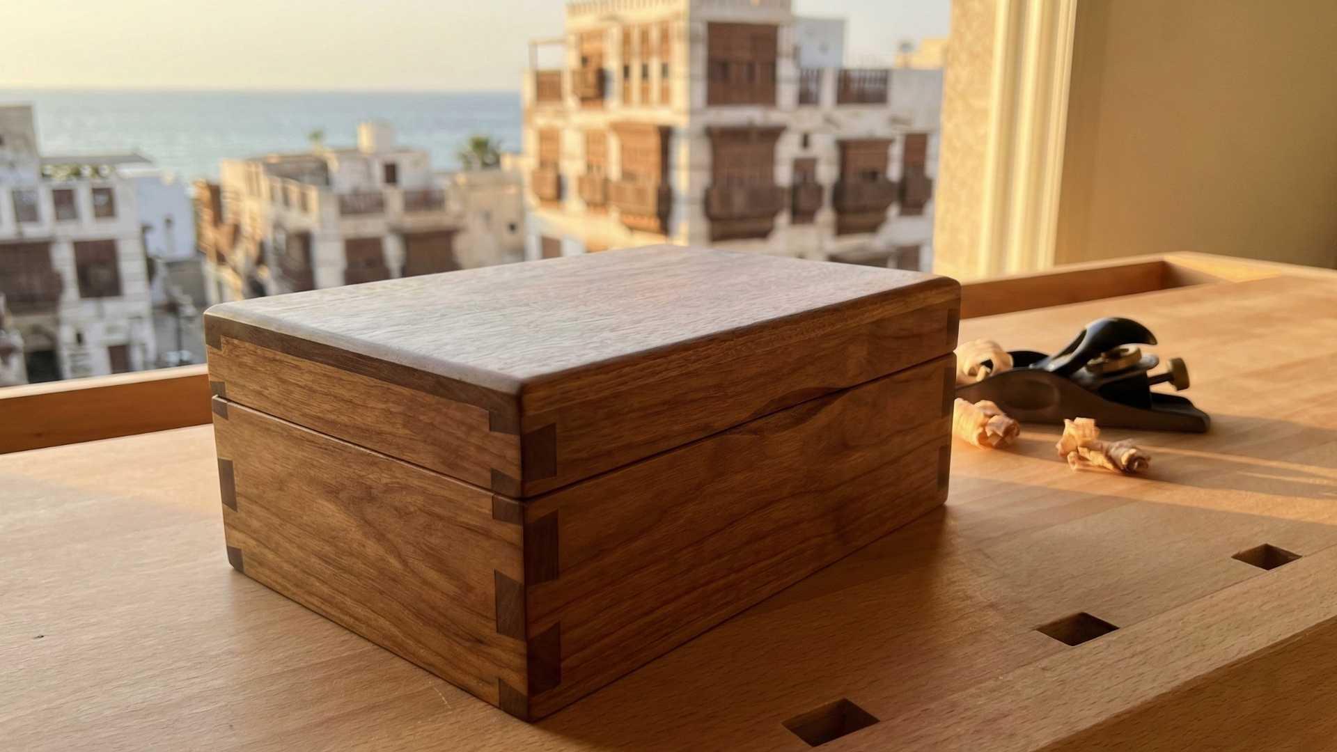 Handcrafted wooden box with dovetail joinery on a woodwork bench near a hand plane and wood shavings, sea view background