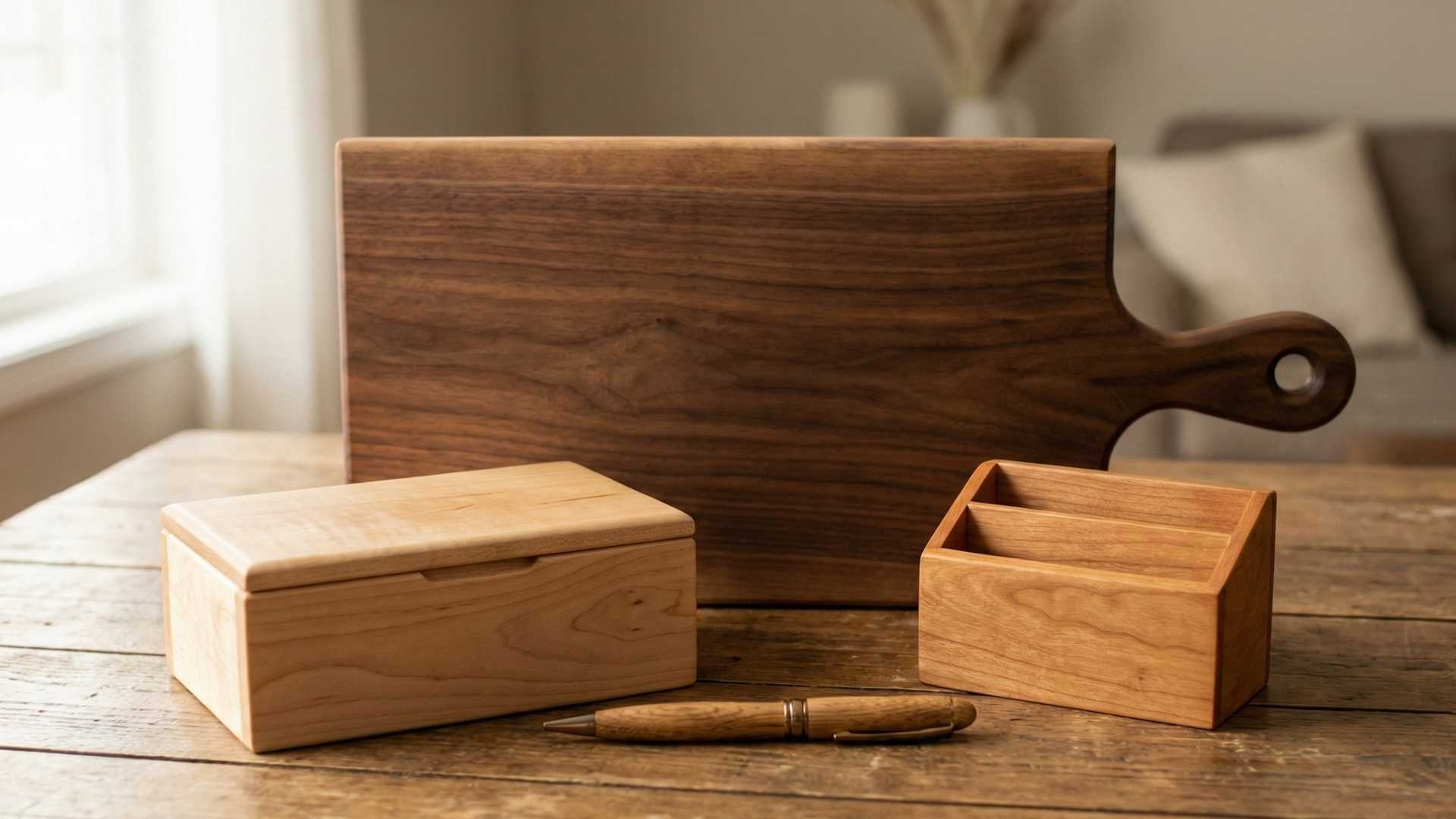 A warm photograph of a walnut serving board, a maple keepsake box, a turned oak pen, and a cherry desk organizer arranged on a rustic wooden table.