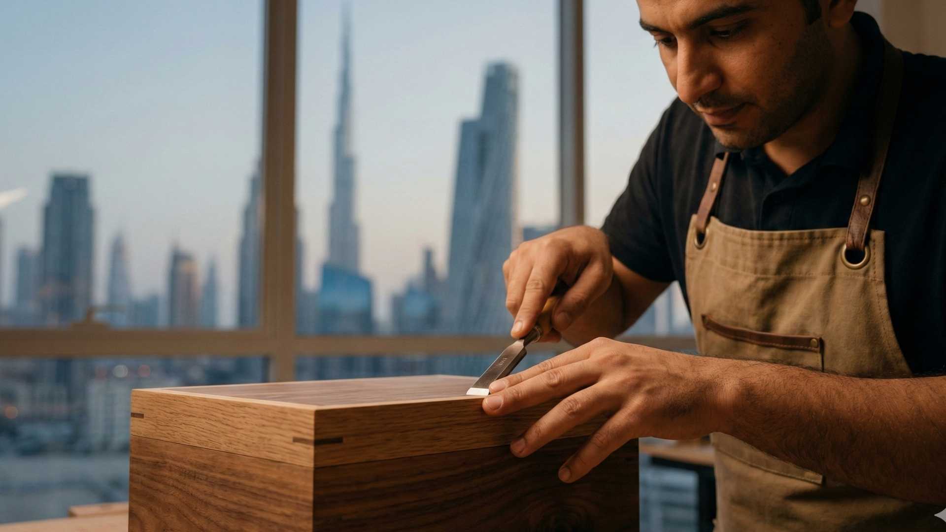 A close-up of an artisan’s hands in a Dubai workshop using a small chisel on a rich walnut wood box, with the iconic, softly blurred Dubai skyline.