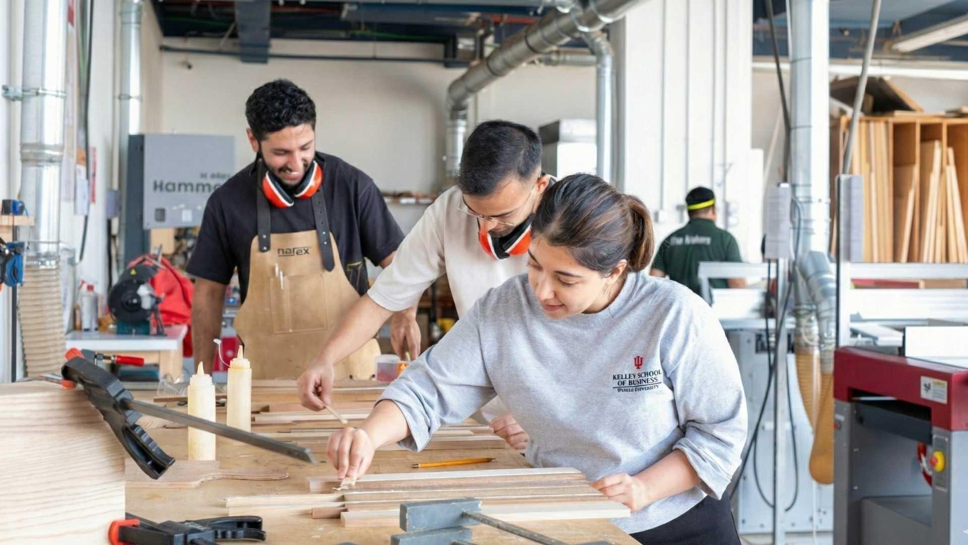 Three people working on woodworking projects in a workshop, using wood glue and clamps