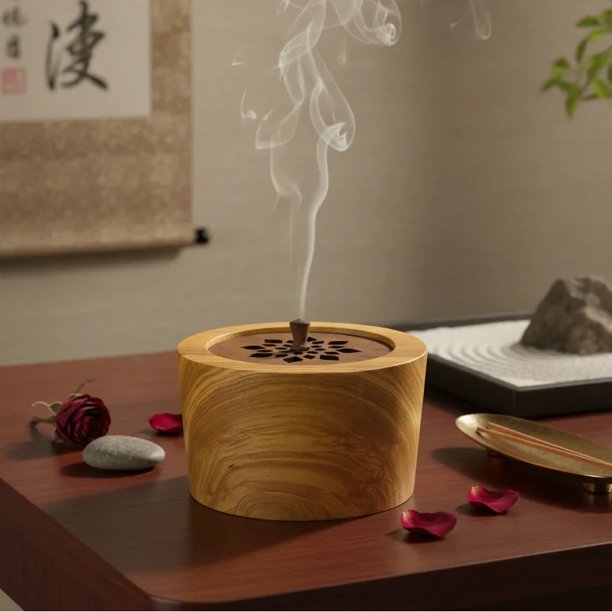 Round wooden incense holder with floral cutout design releasing smoke on wooden table with rose petals and zen garden