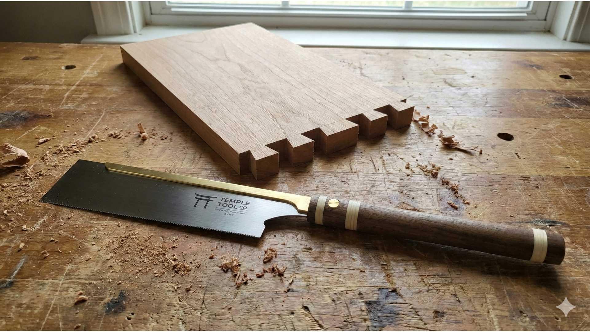 Japanese dozuki saw with fine teeth and brass back on wooden workbench next to wood with dovetail joints