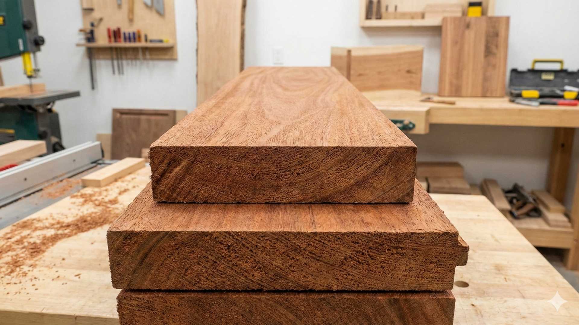 A close-up photograph of rough-sawn Dark Red Meranti lumber stacked on a workbench at The Makers Society, showing its coarse grain
