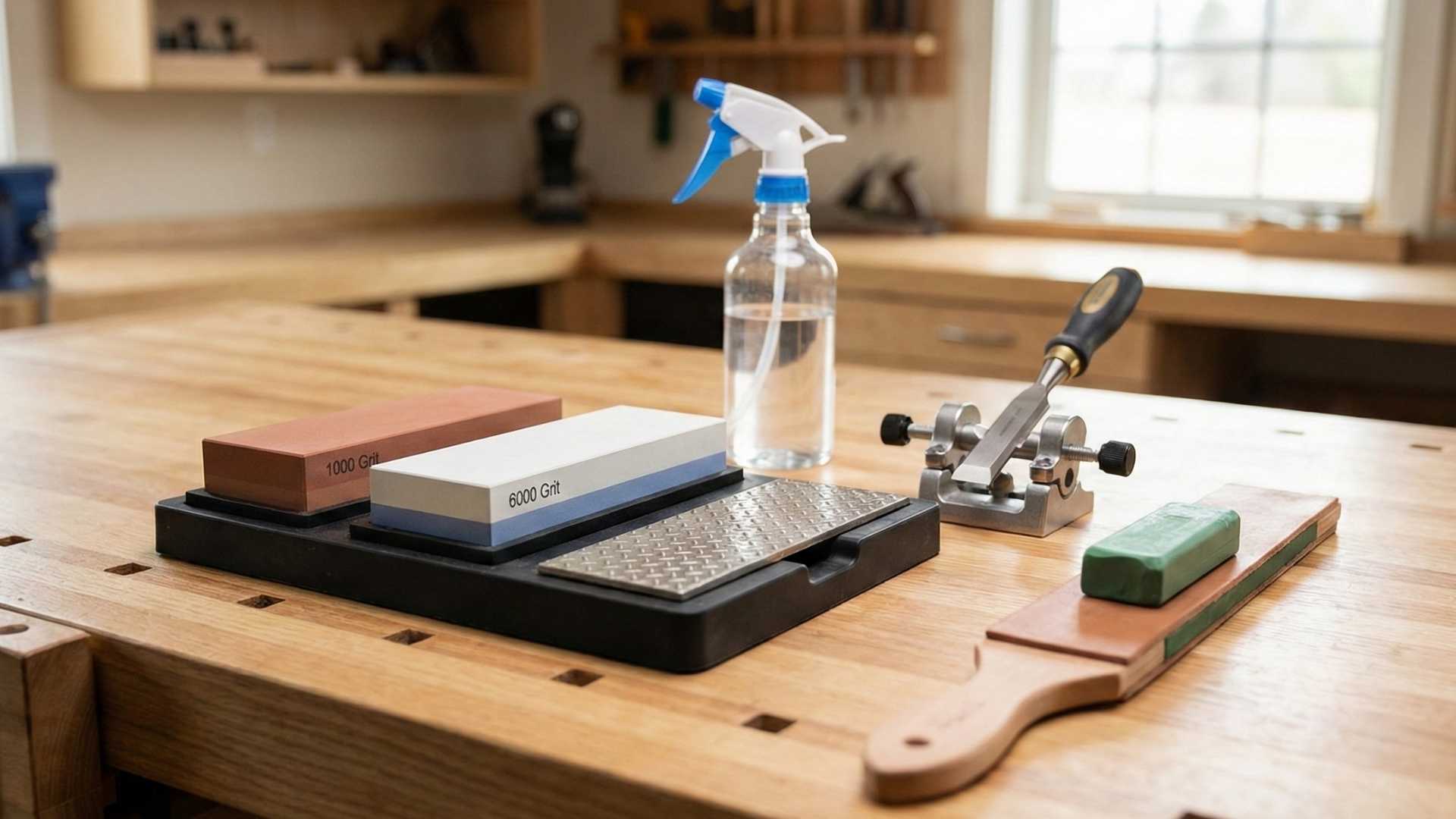 A woodworking sharpening setup, featuring 1000 and 6000 grit water stones, a diamond plate, a honing guide, a leather strop, at The Makers Society