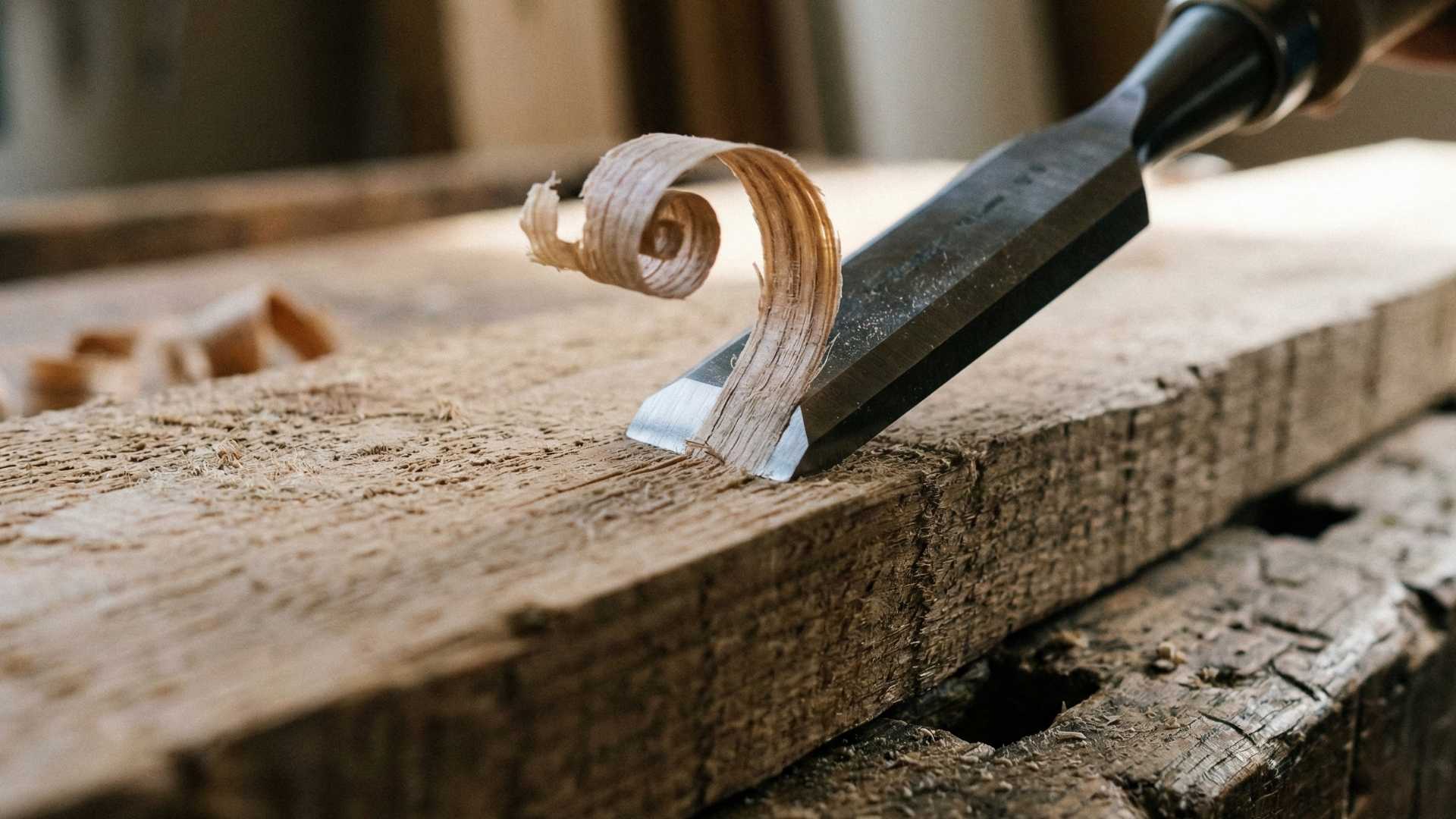 A close-up photograph of a freshly sharpened chisel paring a thin, curling wood shaving from a piece of timber, with more shavings on the workbench.