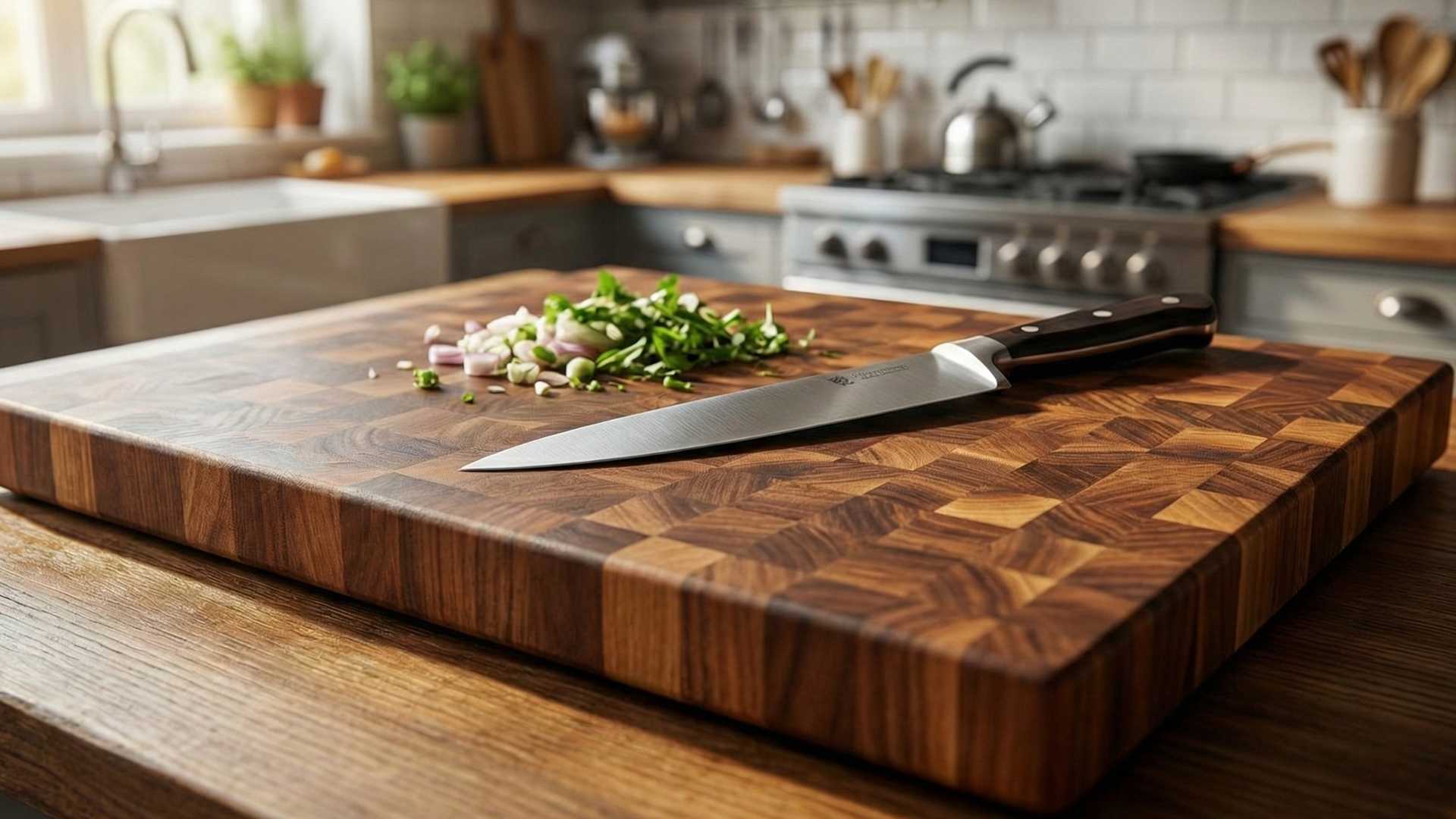 A high-quality photograph of a professional end-grain wooden cutting board with a chef's knife and chopped vegetables on a kitchen counter.