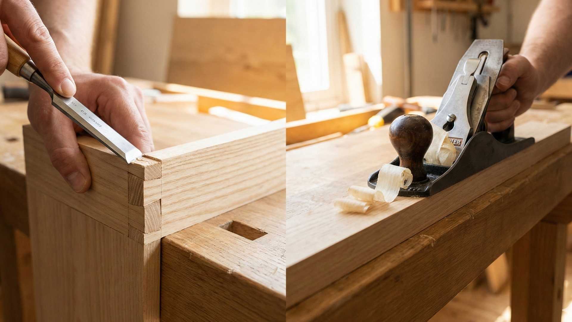 A split photograph showing a chisel to pare a dovetail joint, and a hand plane to flatten a board, illustrating the different roles of the two tools.