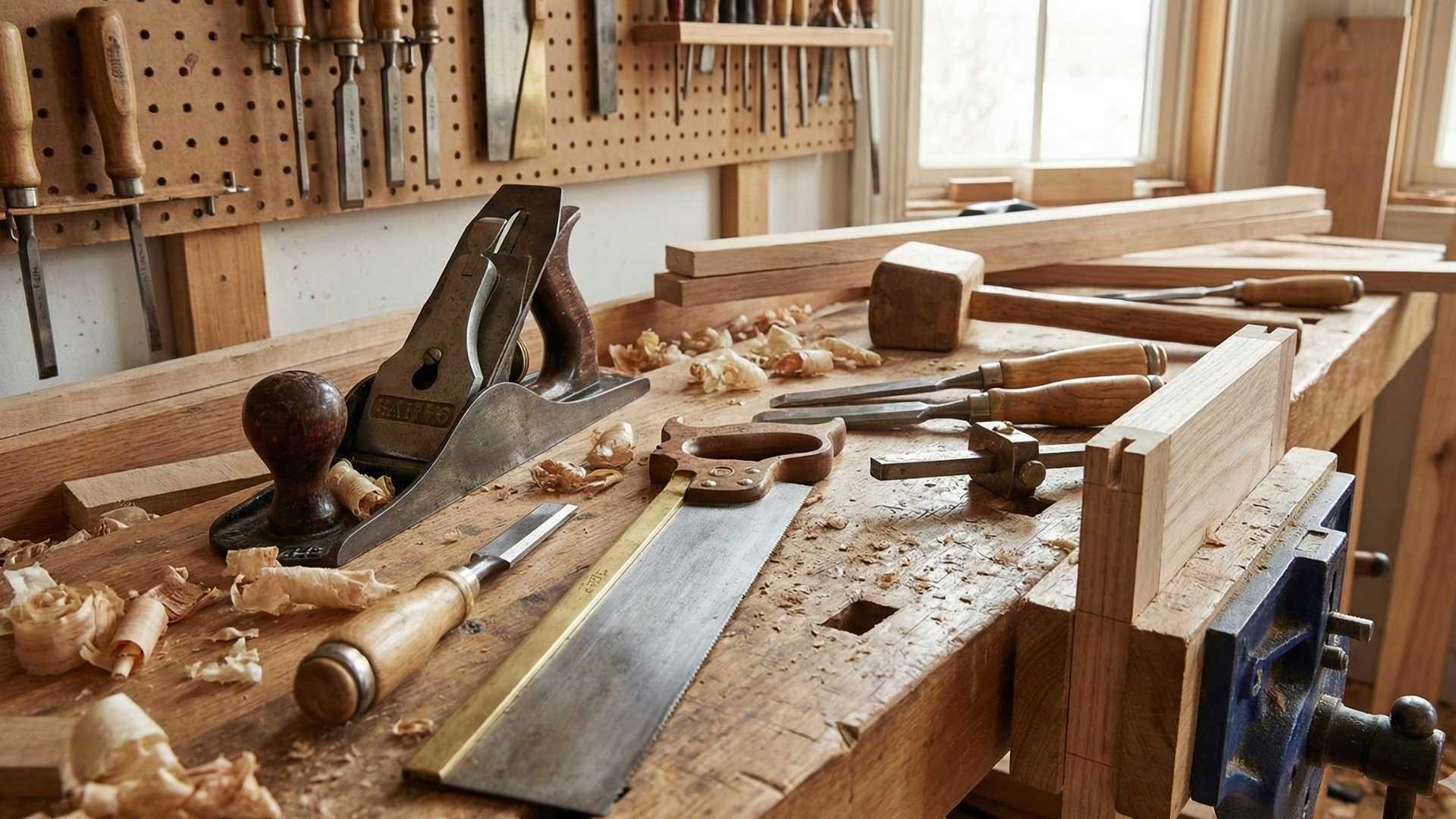 Woodworking hand tools including saw, plane, chisels, and mallet on a workbench with wood shavings in a bright workshop