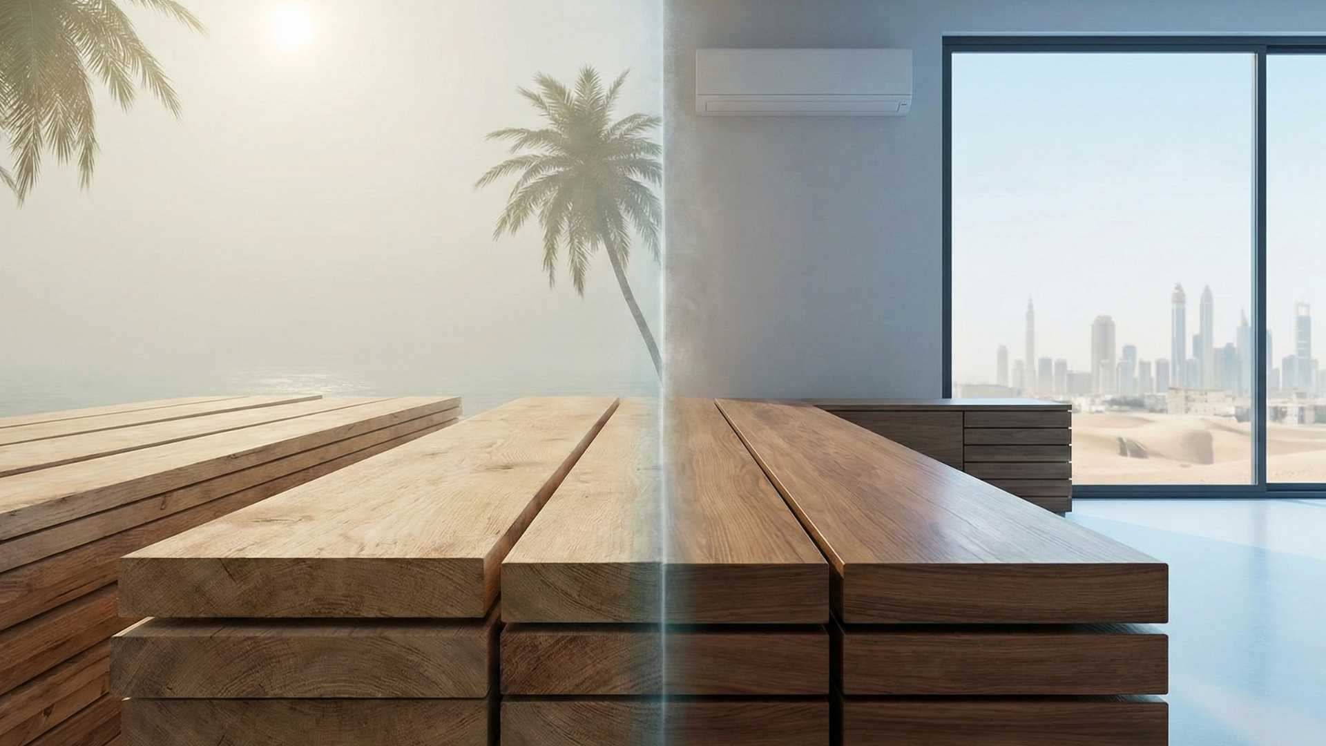 A photograph showing a stack of raw timber on a humid beach on the left, and the same timber as a finished piece of modern furniture inside a dry room