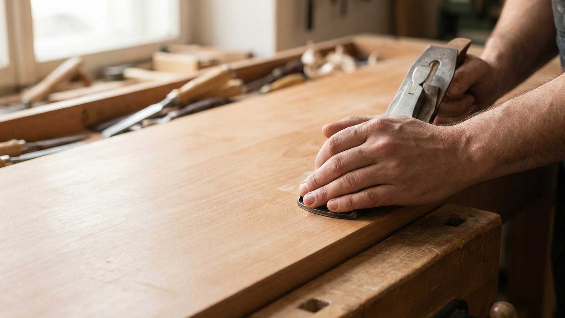 Close-up of hands planing smooth wood on a beechwood workbench in a woodworking workshop