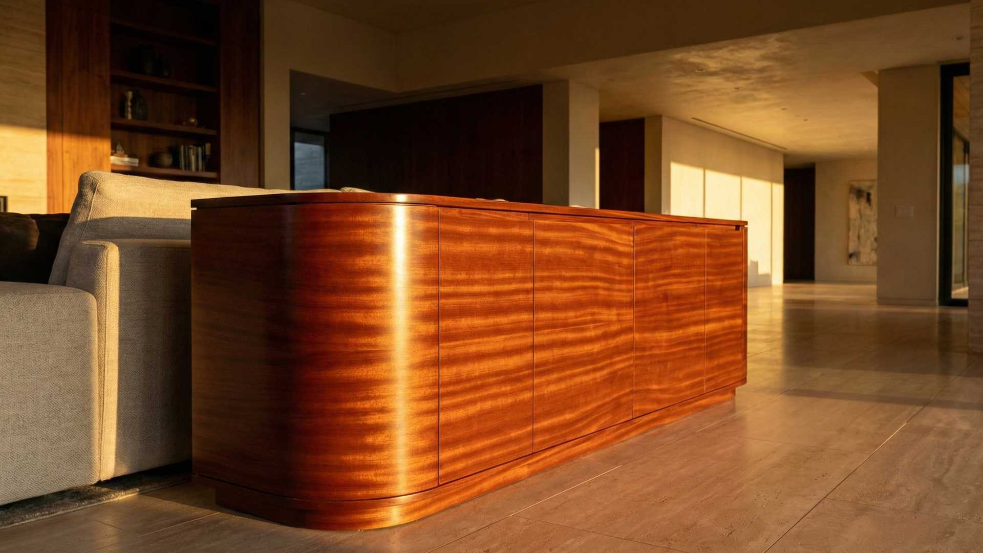 Elegant Sapele wood sideboard with smooth rounded edges in modern living room bathed in warm sunlight