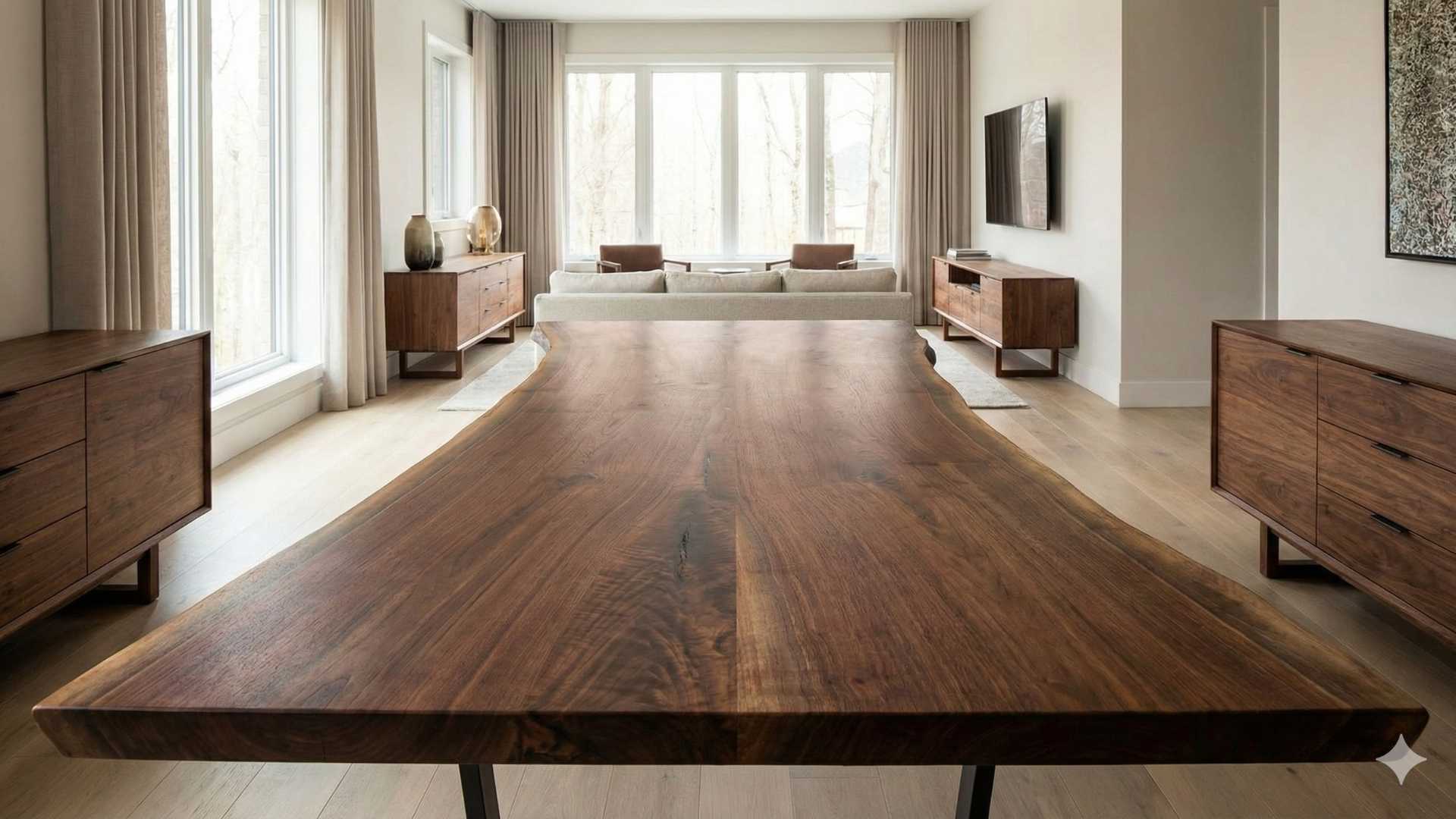 Live edge walnut dining table in modern living room with beige sofa, wooden sideboards, and large windows