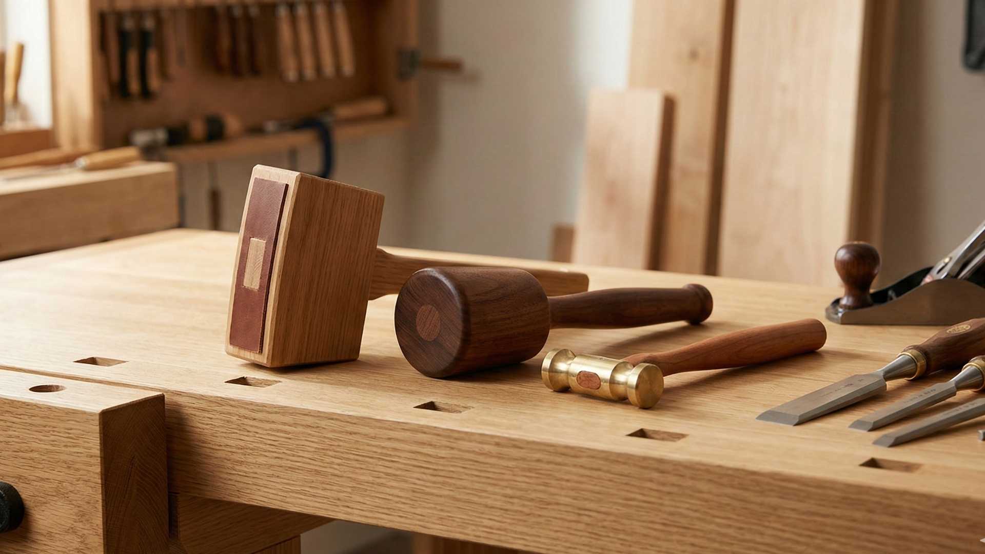 A selection of woodworking mallets and hammers displayed neatly on a traditional oak workbench with chisels and a hand plane in a workshop.
