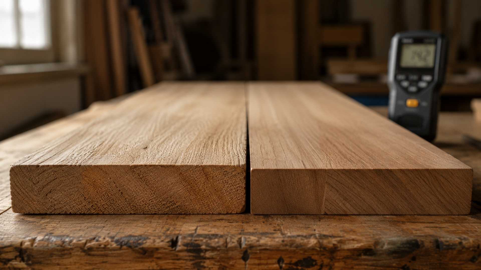 Air dried vs kiln dried wood comparison on workshop bench