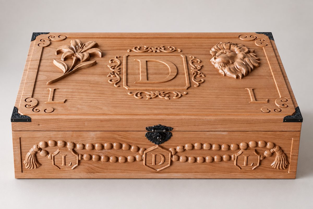 Bespoke cherry misbaha box with a carved lily, monogram and lion