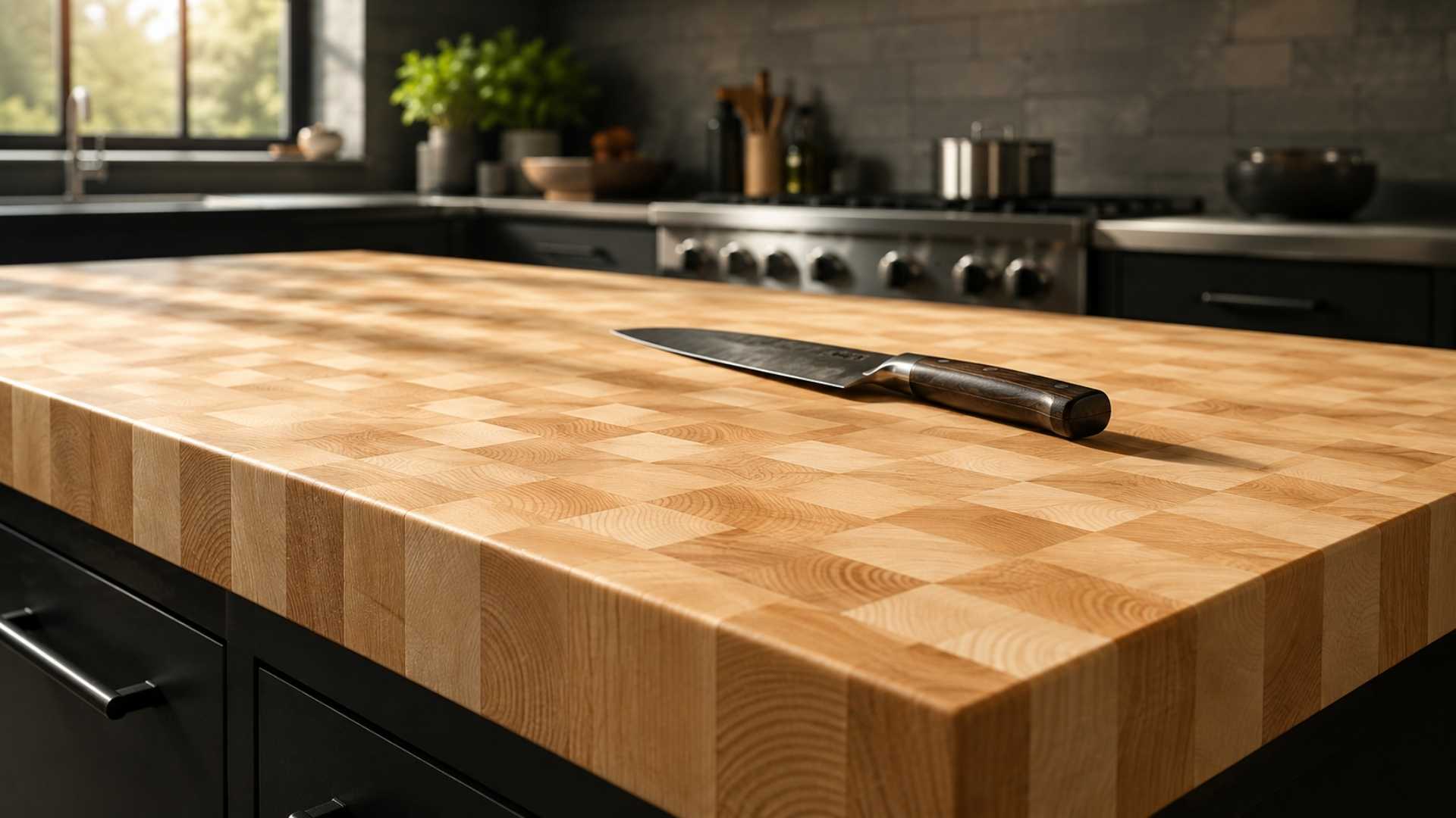 Best wood for butcher block countertop showing hard maple end grain surface