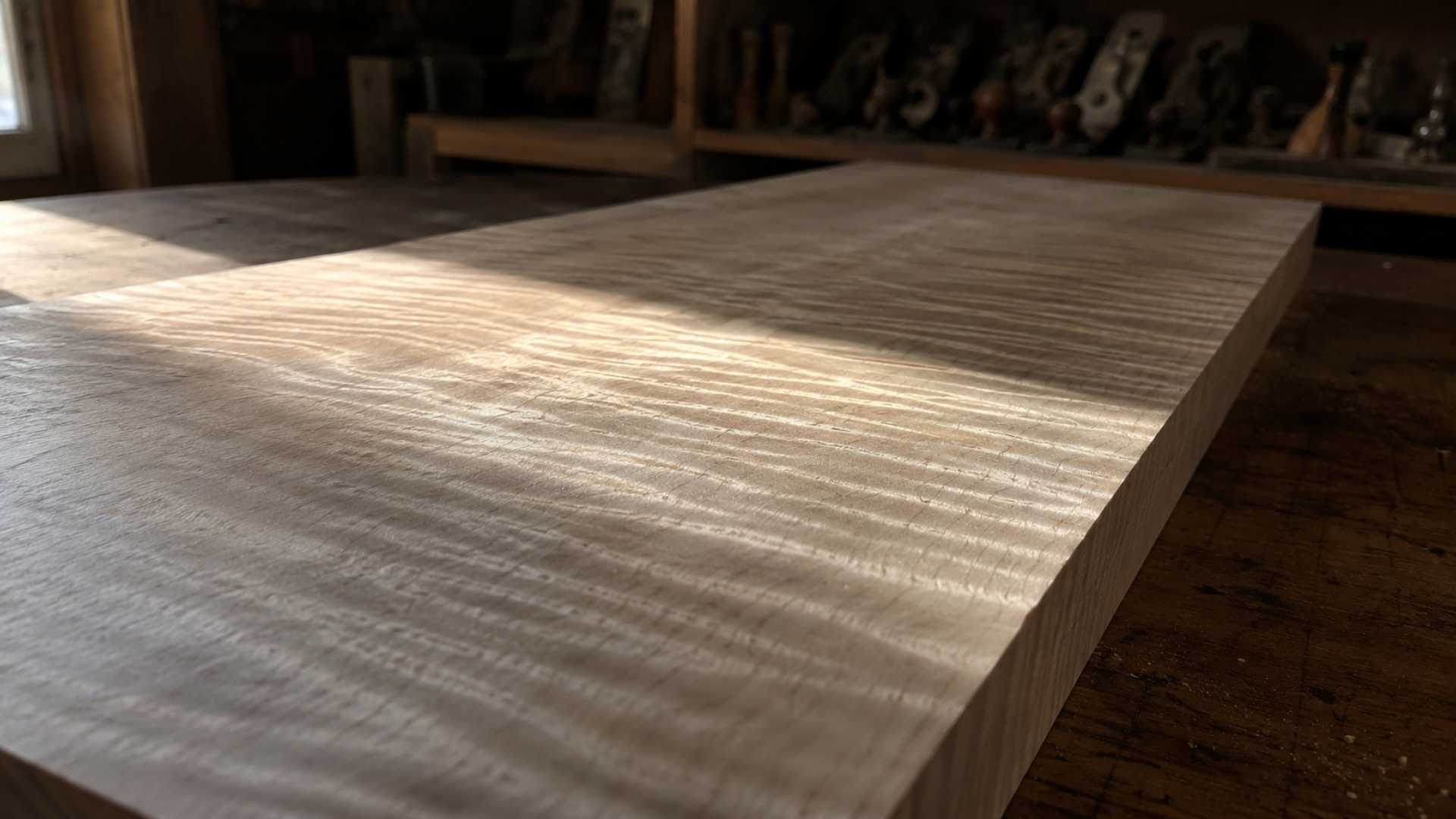 Chatoyance in wood — tiger maple board showing rippling cat's eye figure