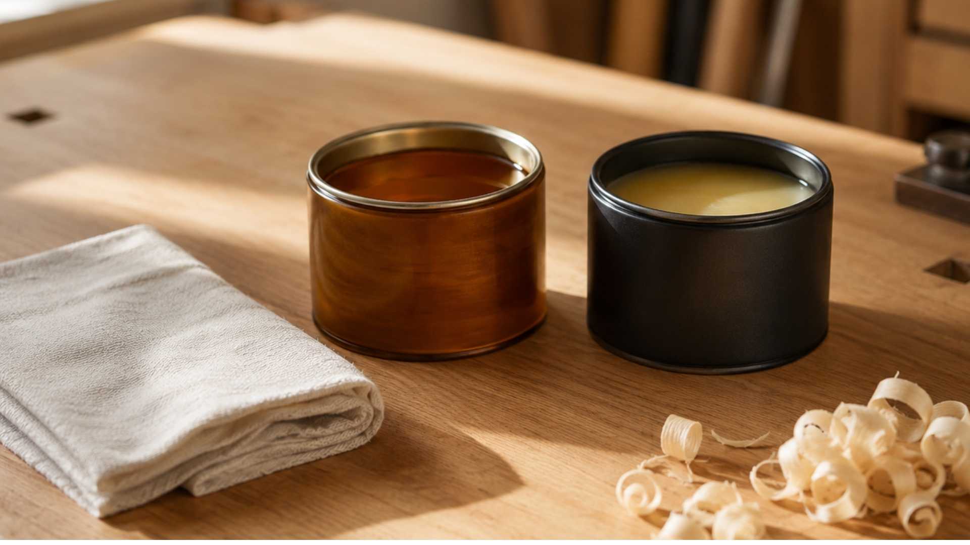 danish oil vs hard wax oil tins side by side on workbench