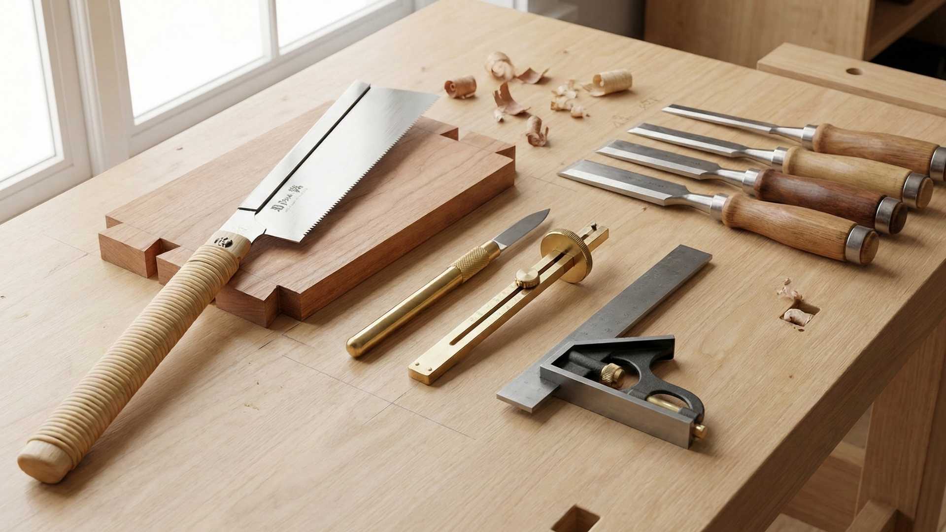 A complete set of essential dovetail joinery tools, including a Dozuki saw, marking knife, chisels, and gauges.