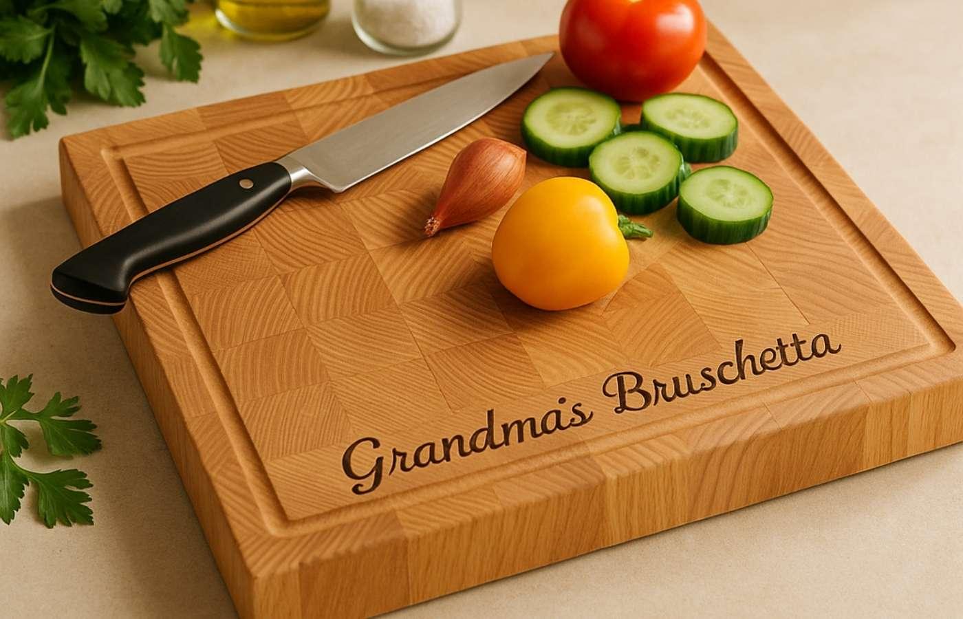 End grain wooden cutting board engraved with Grandma's Bruschetta, with knife and fresh vegetables on top