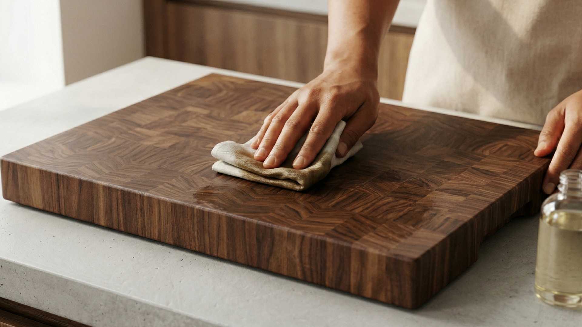 End-grain walnut cutting board on a kitchen counter in Dubai.