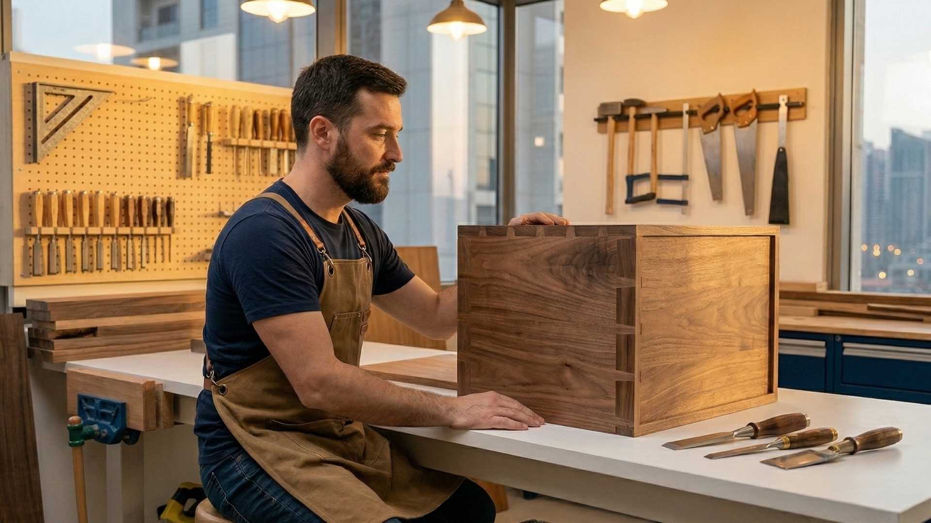 Woodworker inspecting a handmade walnut dovetail box at a workshop bench in Dubai
