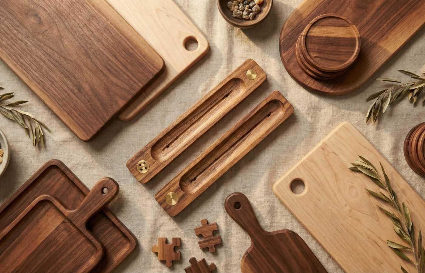 Handmade wooden cutting boards, trays, coasters, and puzzle pieces displayed on a beige fabric background