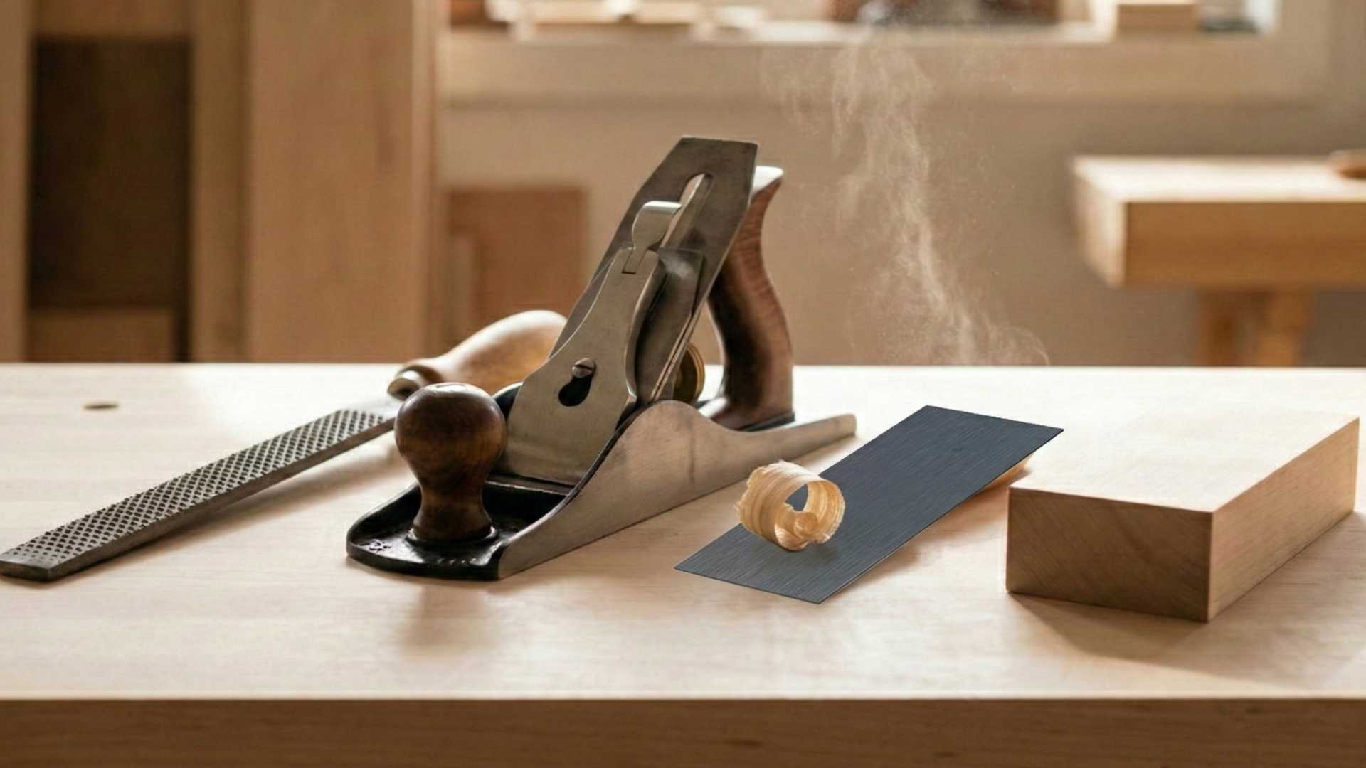 Hand plane, rasp, chisel and hardwood block arranged on a woodworking bench