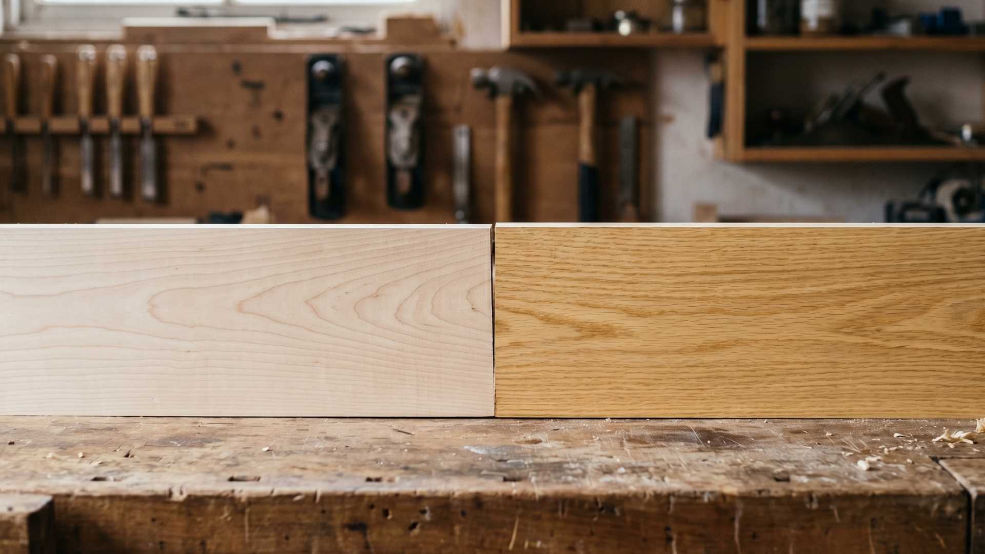 Hard maple vs soft maple boards side by side on workbench