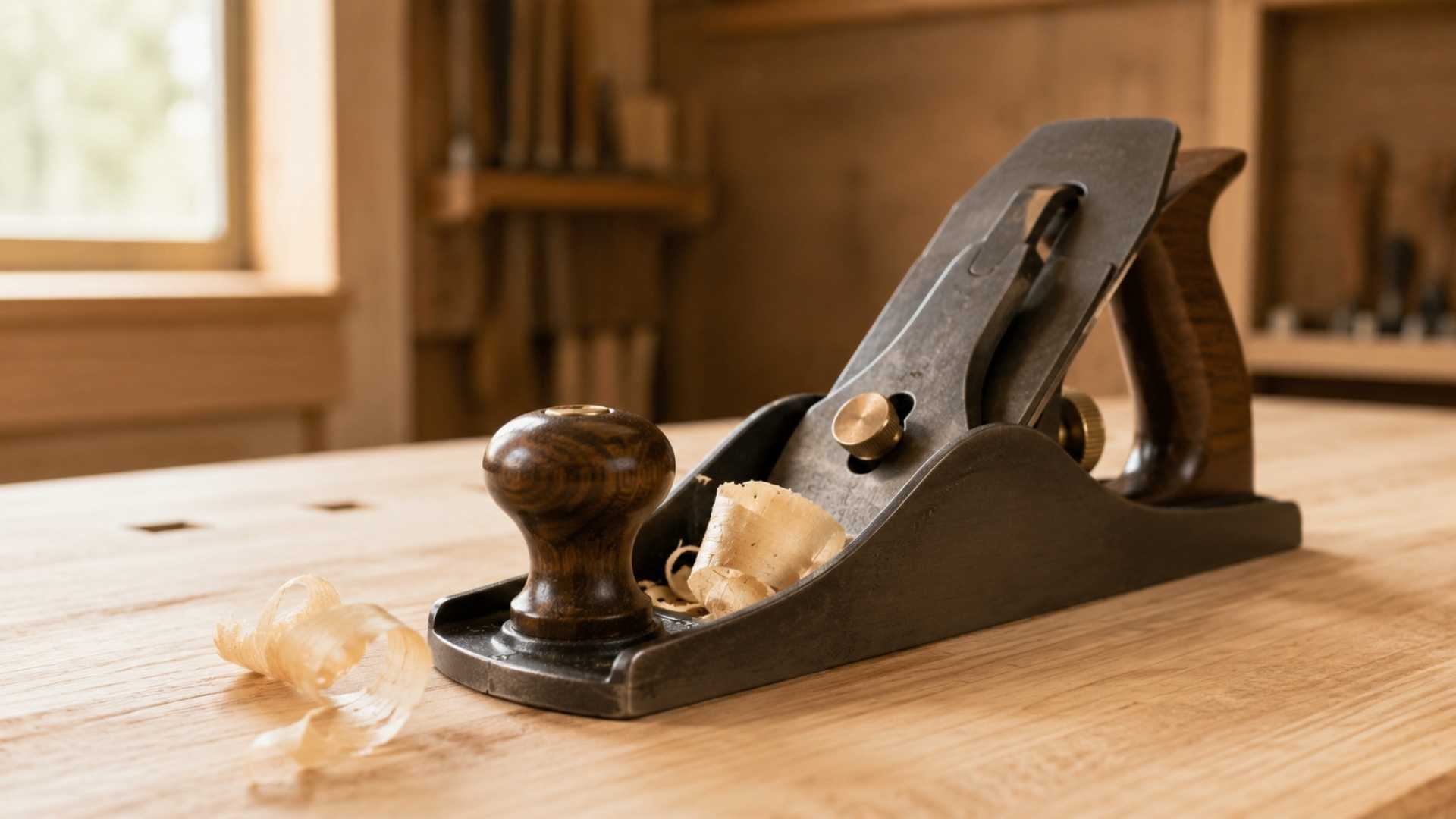how to set up a hand plane on a timber workbench