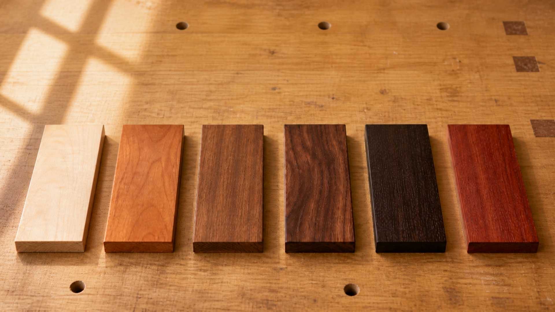 Hardwood samples arranged for Janka hardness scale comparison study