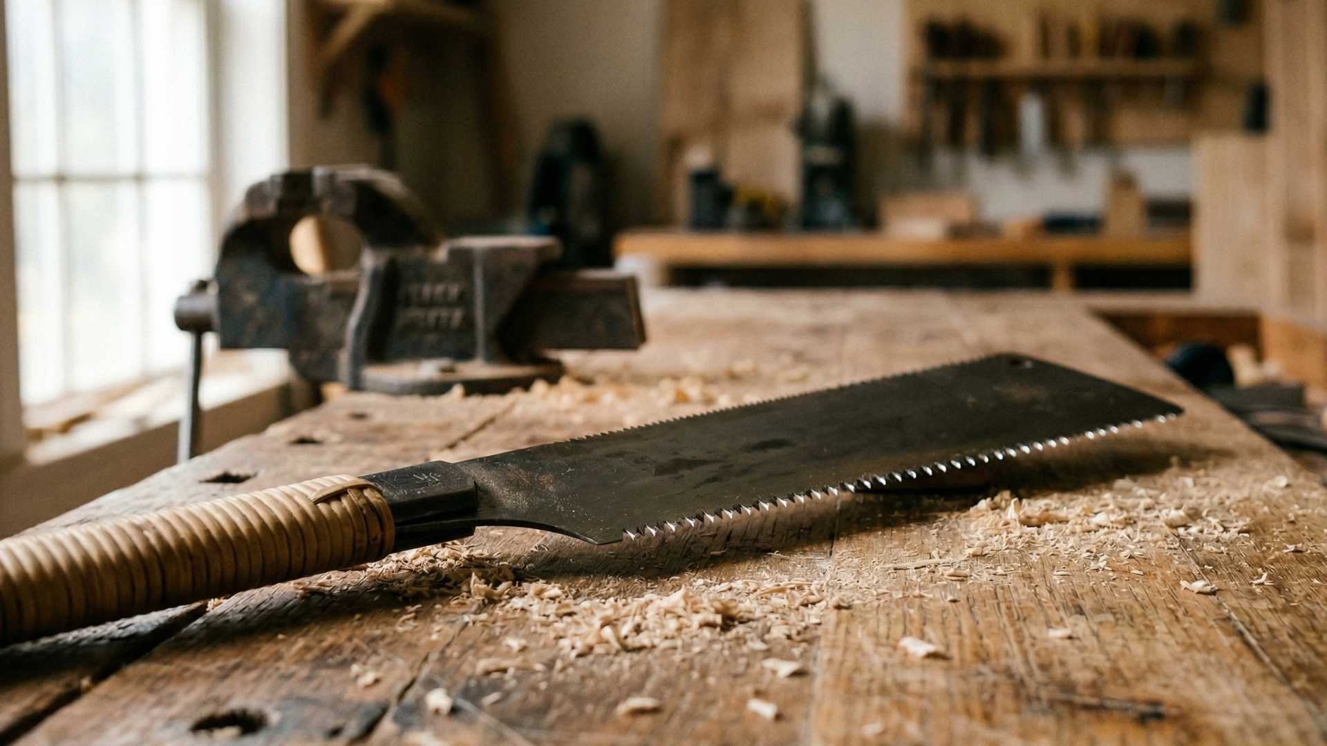 Japanese pull saw lying on a clean wooden workbench with fresh timber