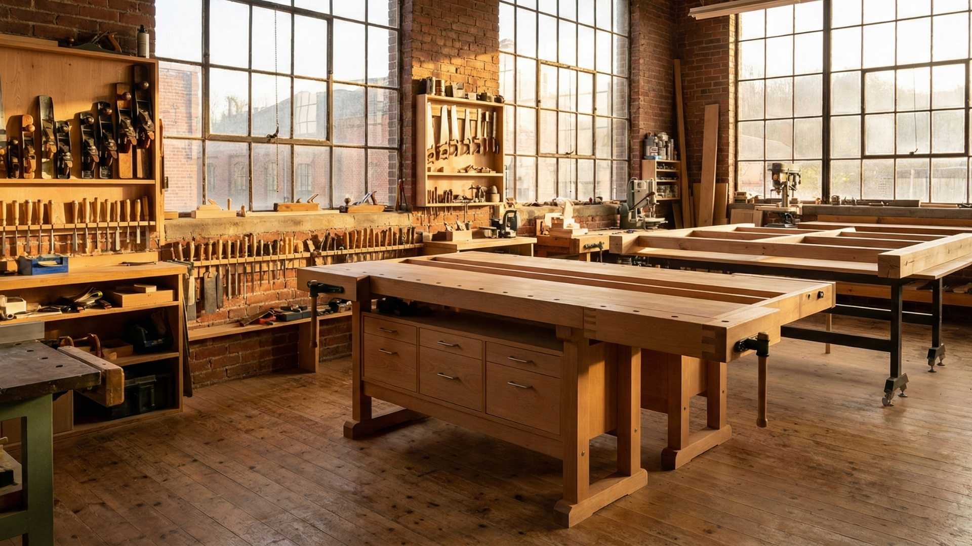 A wide-angle view of a complete, sunlit professional woodworking workshop with a large European beech workbench.