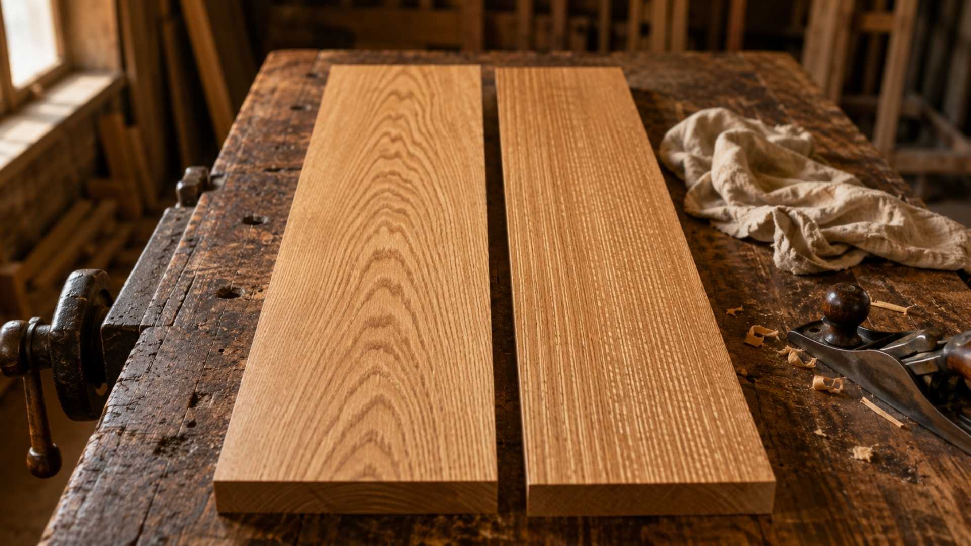 Quarter sawn vs flat sawn lumber boards showing grain difference