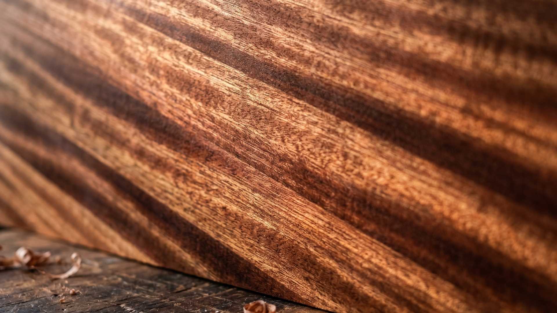 Close-up of sapele wood in furniture showing ribbon grain pattern
