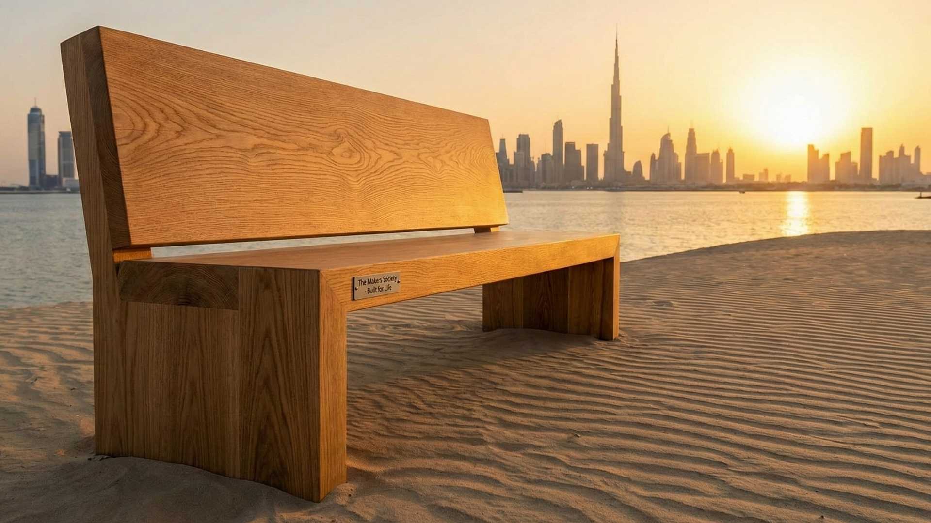 A handcrafted, sustainable solid wood bench by The Makers Society, sitting on a beach at sunset with the Dubai skyline in the background.