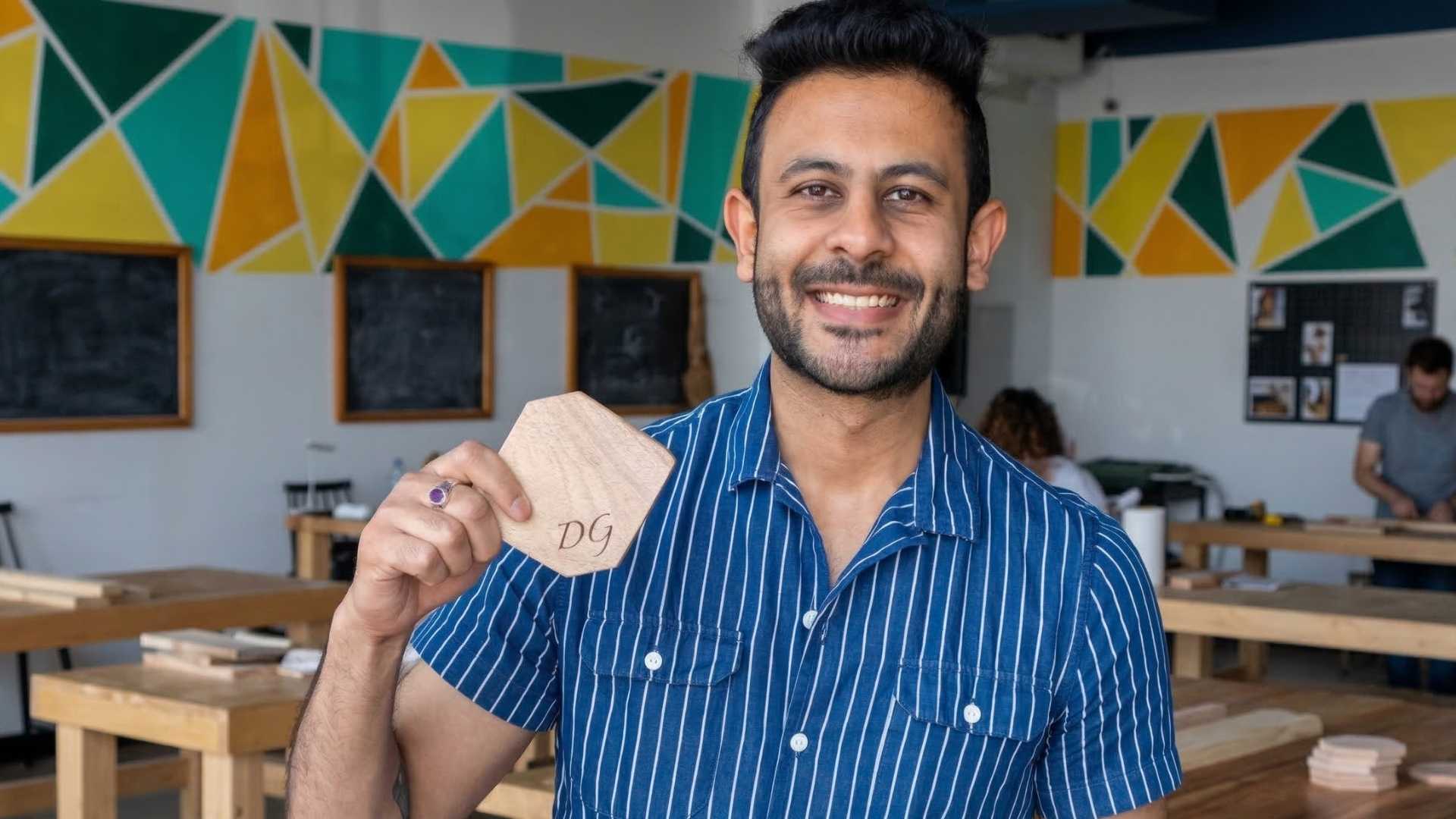 A Trial Class participant at The Makers Society holding a coaster made during the 2-hour workshop
