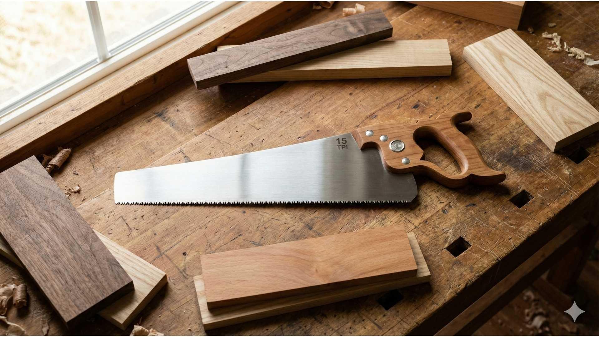 15 TPI woodworking handsaw with wooden handle on a workbench surrounded by assorted hardwood pieces