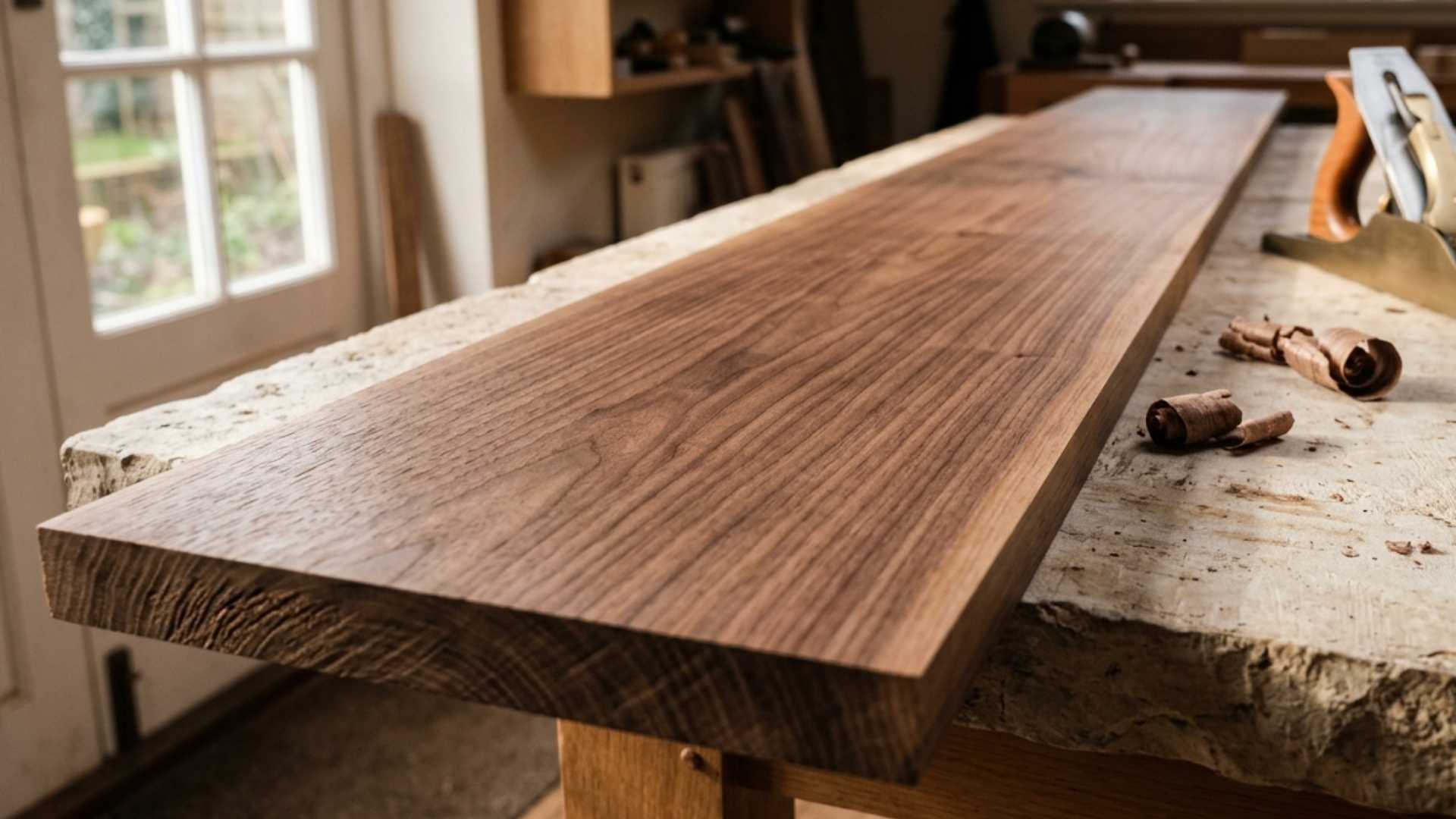Freshly planed walnut board showing rich chocolate grain for furniture