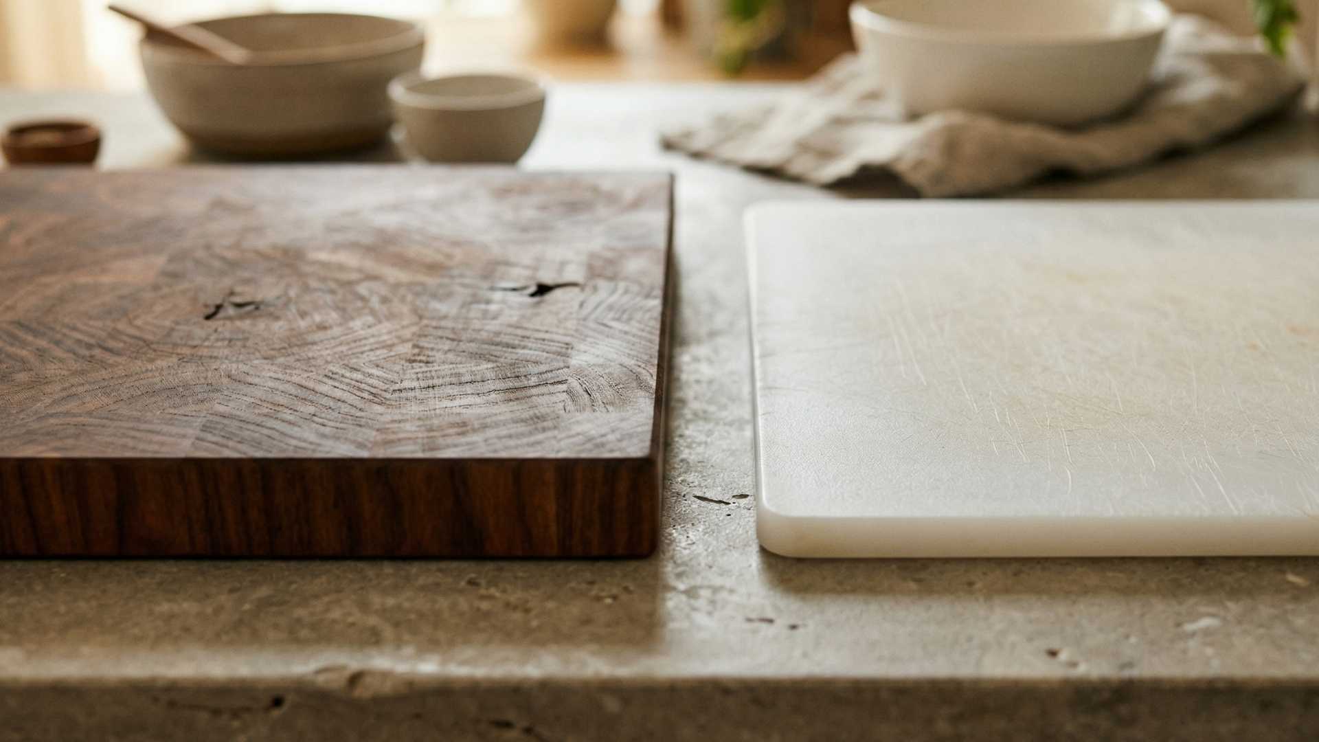 wood vs plastic cutting board side by side on kitchen counter