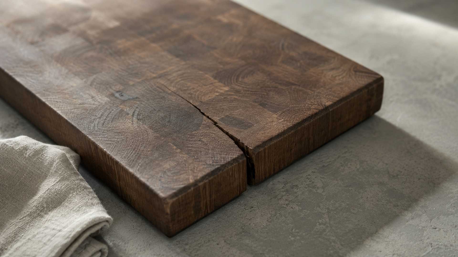 Cracked wooden chopping board on a kitchen countertop showing end-grain split