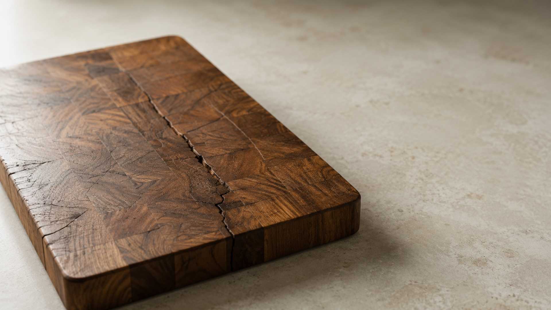 Wooden cutting board showing damage caused by dishwasher washing
