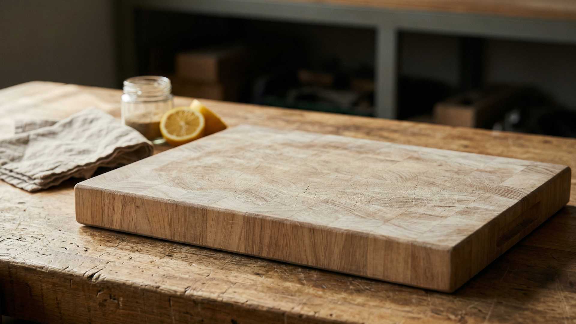 Wooden cutting board restoration on a workshop bench, ready to resurface