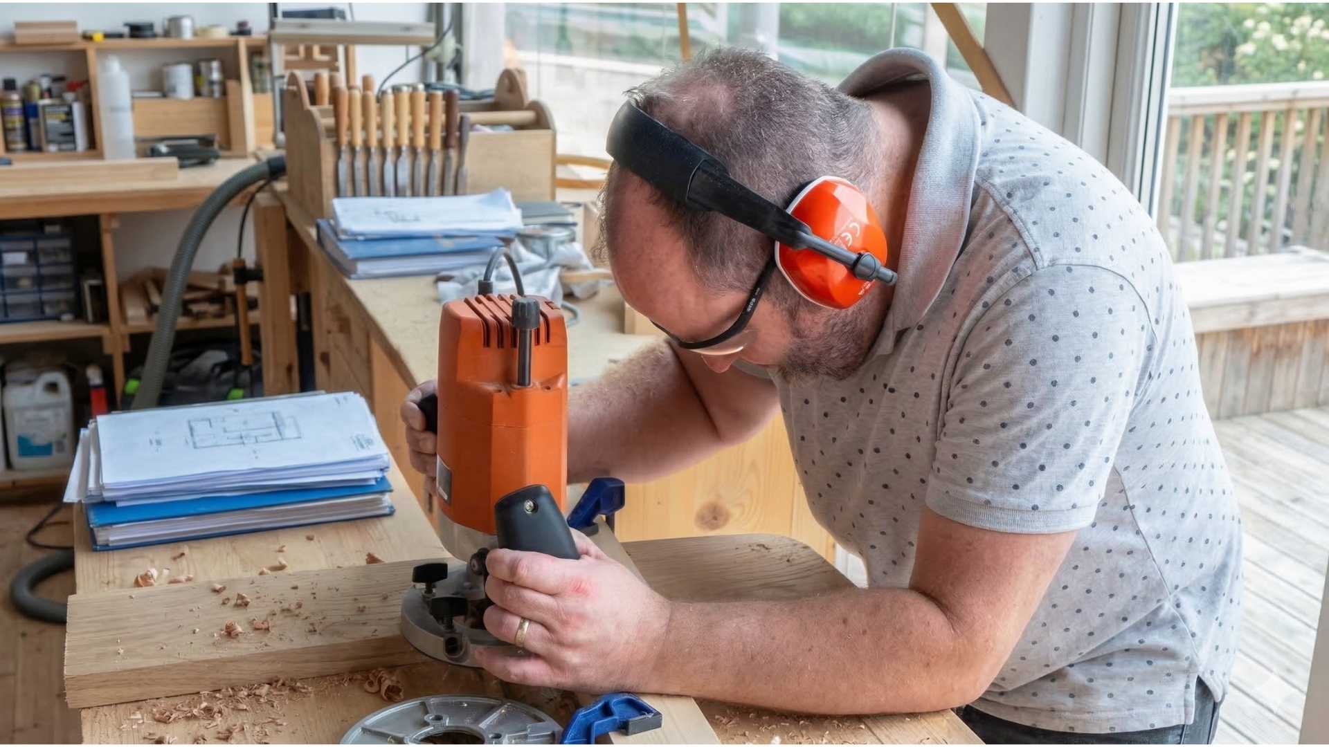 Woodworker using a handheld router on a wooden board in a workshop.