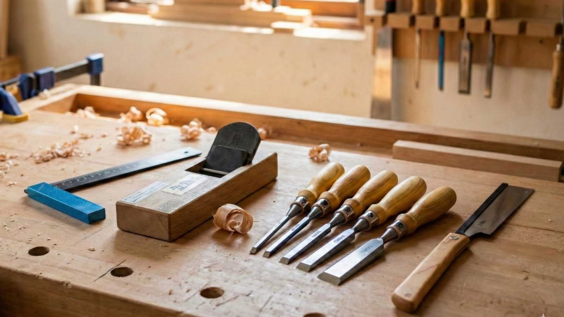 A close-up photograph of a wooden workbench with a block plane, a set of chisels, a square, and a hand saw arranged on its surface.